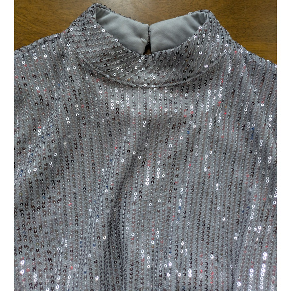 Miss Ord Silver Sequin Mini Dress M Mock Neck Belted NYE 70s 80s Glam - Picture 4 of 12